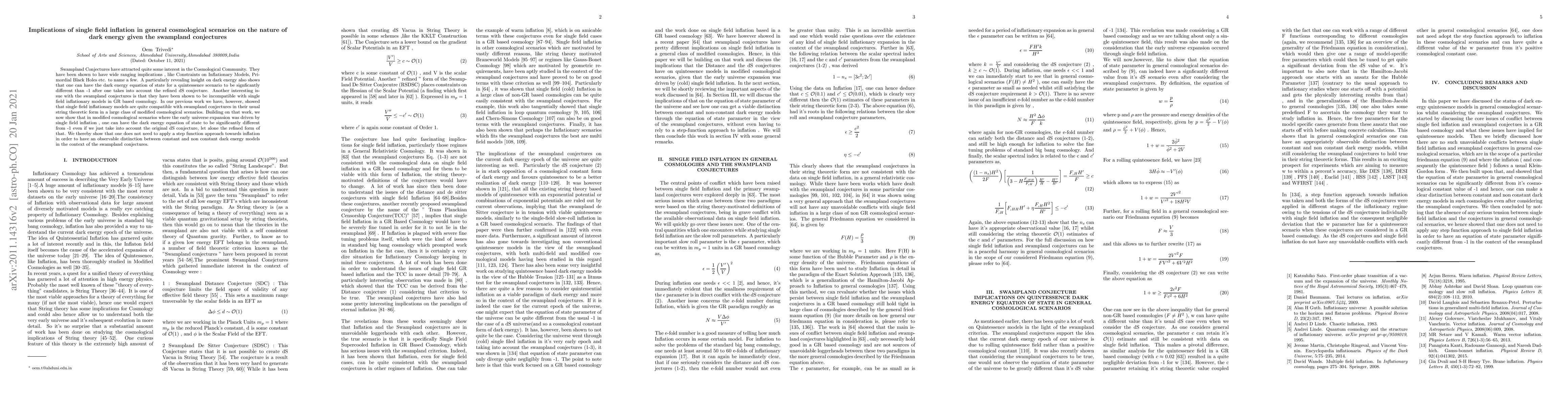 Thumbnail for Implications of single field inflation in general cosmological scenarios
  on the nature of dark energy given the swampland conjectures