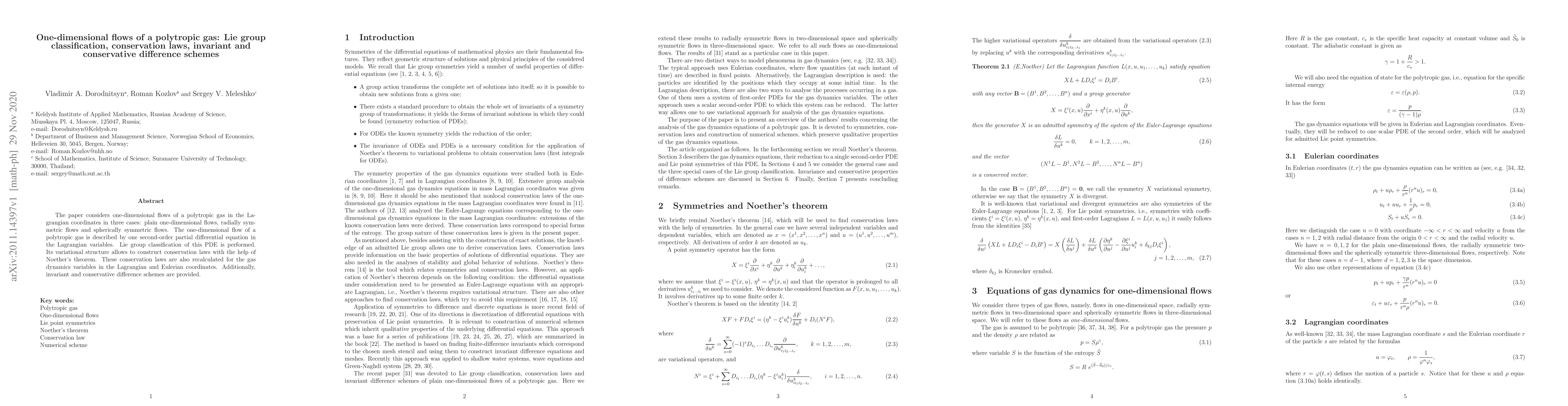 Thumbnail for One-dimensional flows of a polytropic gas: Lie group classification,
  conservation laws, invariant and conservative difference schemes