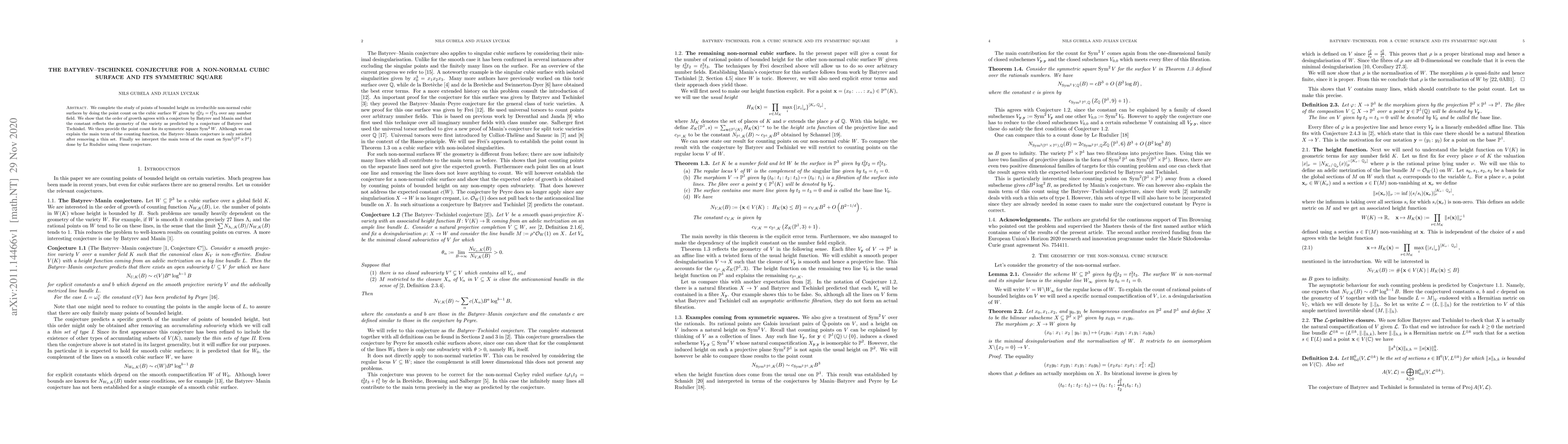 Thumbnail for The Batyrev-Tschinkel conjecture for a non-normal cubic surface and its
  symmetric square