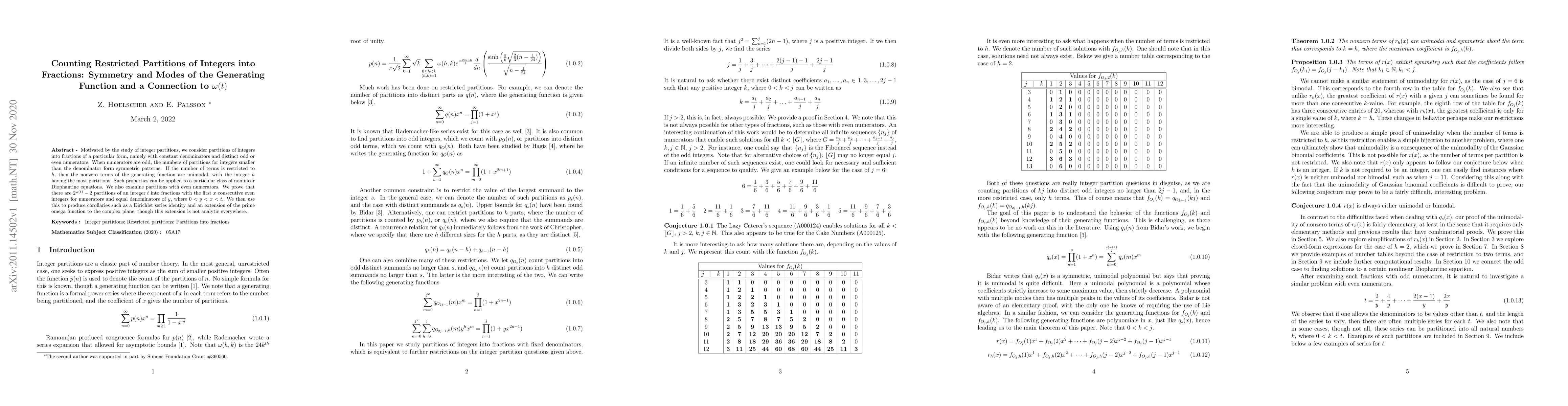 Thumbnail for Counting Restricted Partitions of Integers into Fractions: Symmetry and
  Modes of the Generating Function and a Connection to $\omega(t)$