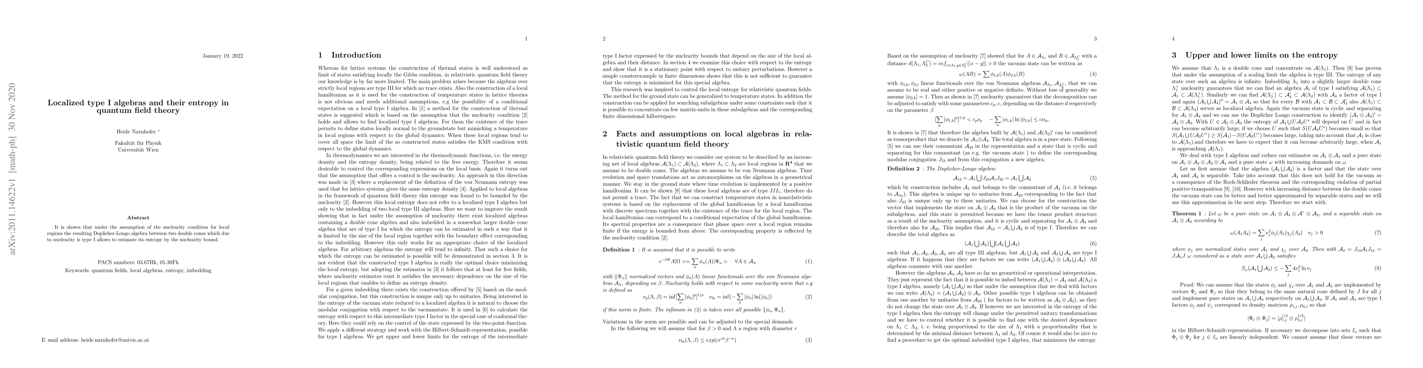 Thumbnail for Localized type I algebras and their entropy in quantum field theories