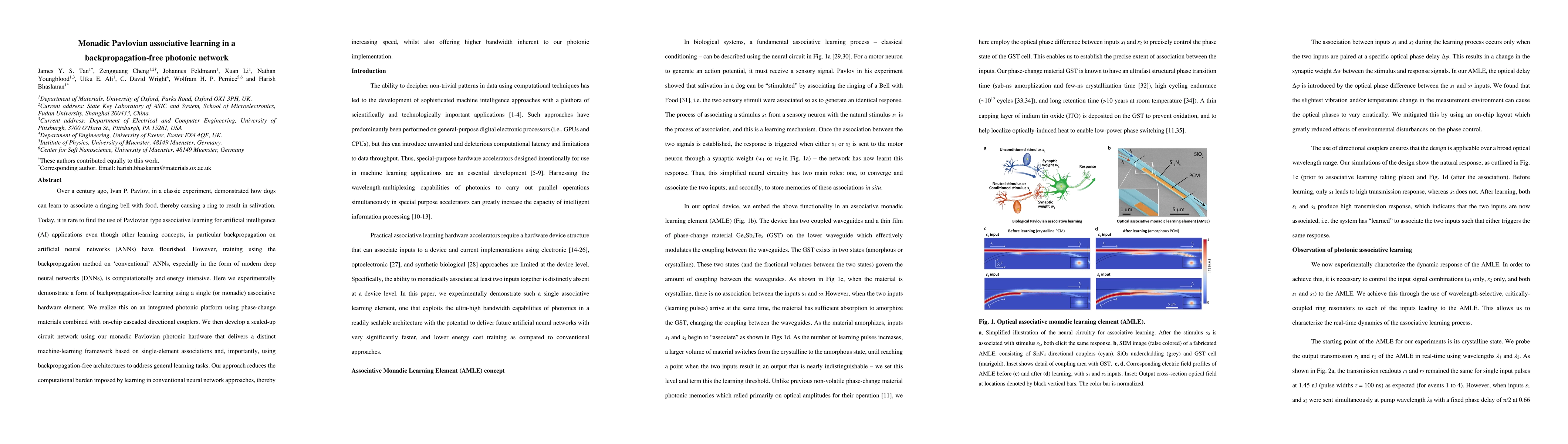 Thumbnail for Monadic Pavlovian associative learning in a backpropagation-free
  photonic network