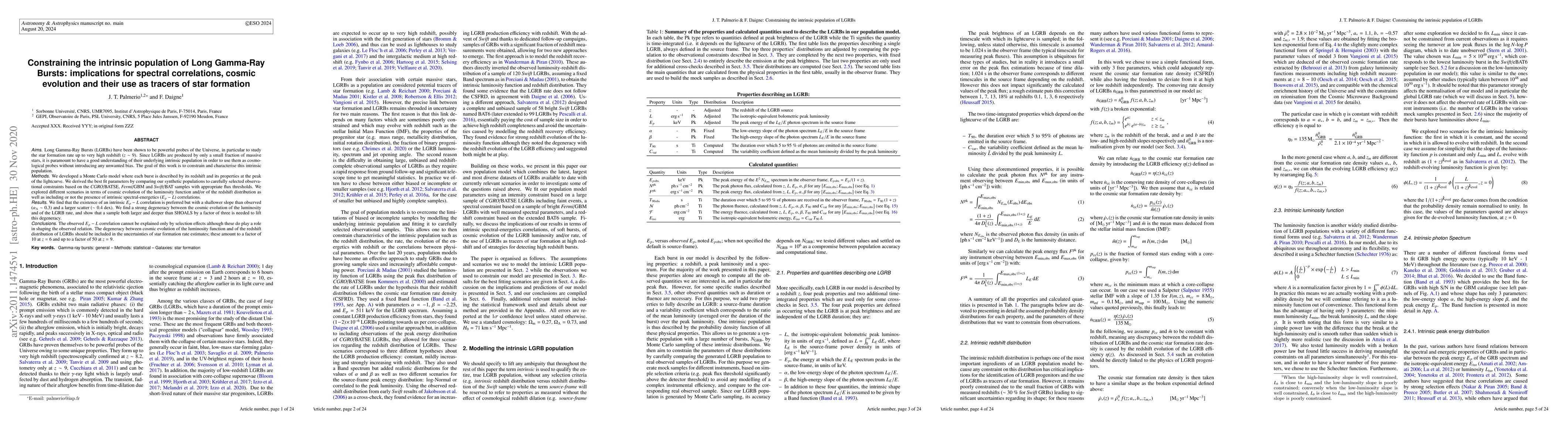 Thumbnail for Constraining the intrinsic population of Long Gamma-Ray Bursts:
  implications for spectral correlations, cosmic evolution and their use as
  tracers of star formation