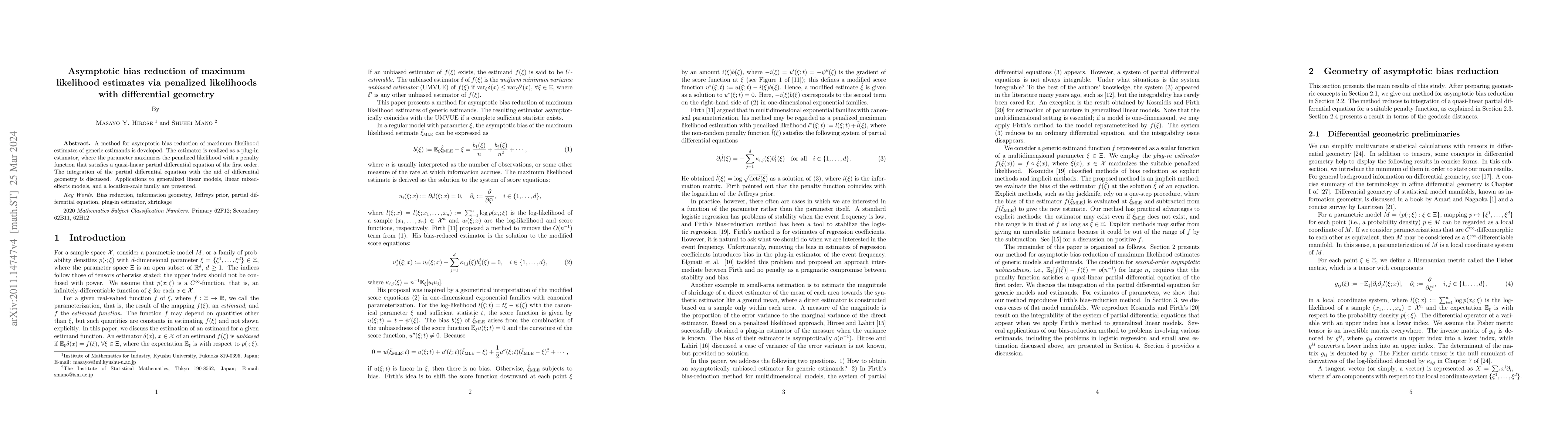 Thumbnail for Asymptotic bias reduction of maximum likelihood estimates via penalized
  likelihoods with differential geometry