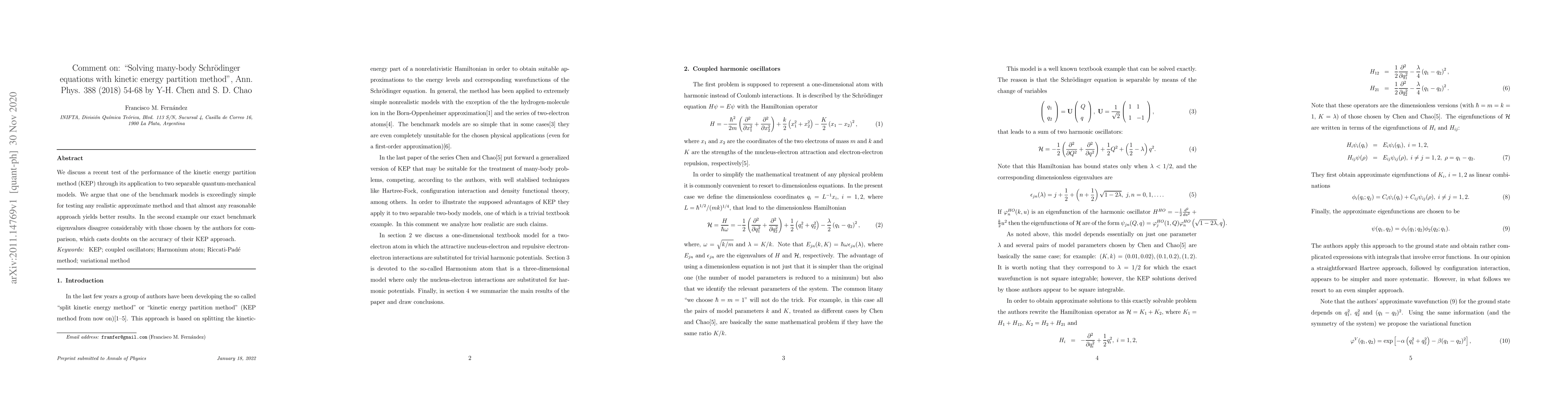 Thumbnail for Comment on: "Solving many-body Schr\"odinger equations with kinetic
  energy partition method'', Ann. Phys. 388 (2018) 54-68 by Y-H. Chen and S. D.
  Chao