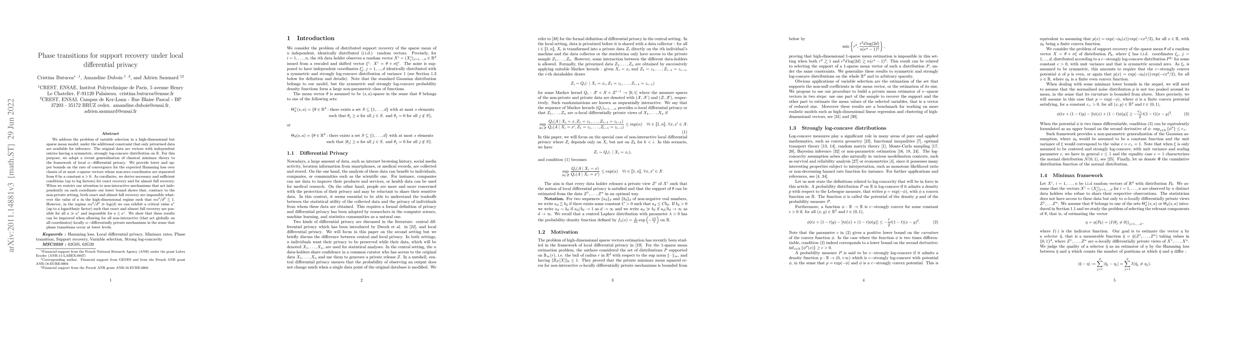Thumbnail for Phase transitions for support recovery under local differential privacy