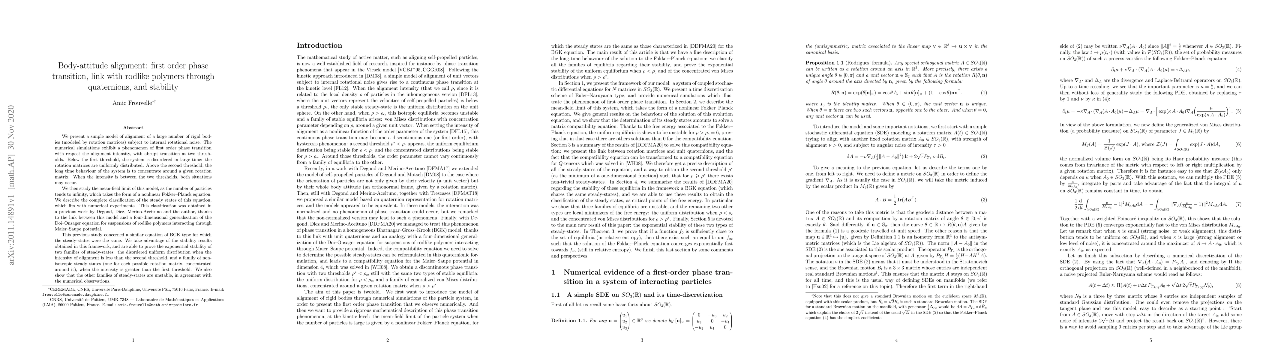 Thumbnail for Body-attitude alignment: first order phase transition, link with rodlike
  polymers through quaternions, and stability
