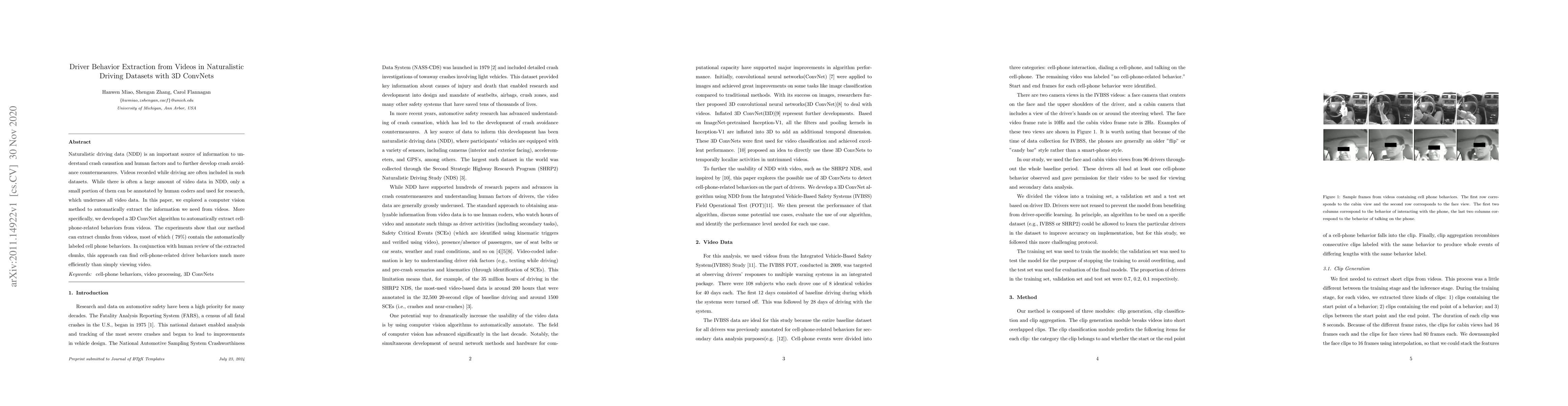 Thumbnail for Driver Behavior Extraction from Videos in Naturalistic Driving Datasets
  with 3D ConvNets