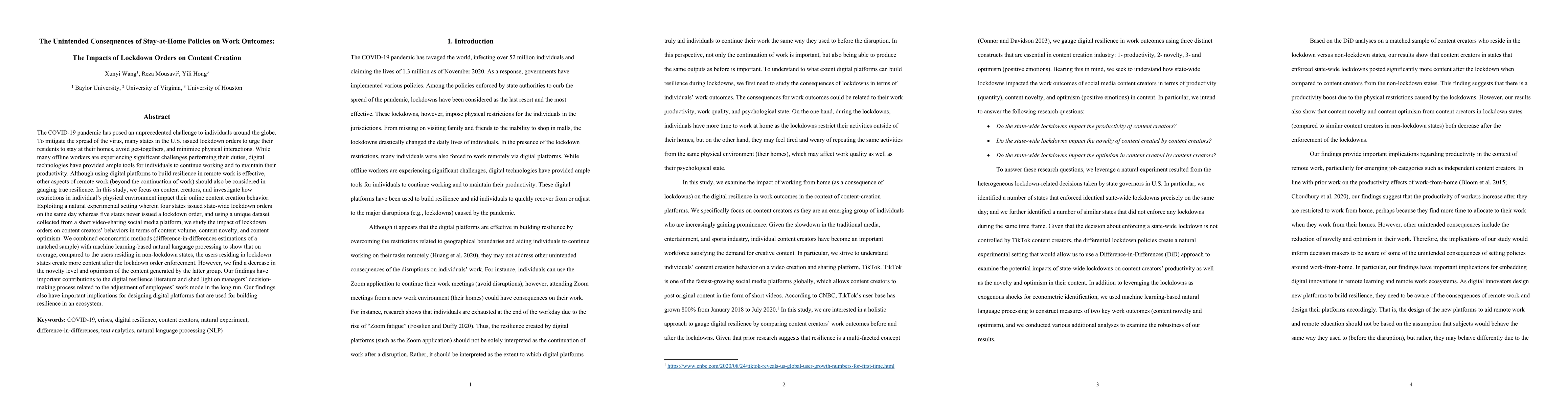 Thumbnail for The Unintended Consequences of Stay-at-Home Policies on Work Outcomes:
  The Impacts of Lockdown Orders on Content Creation