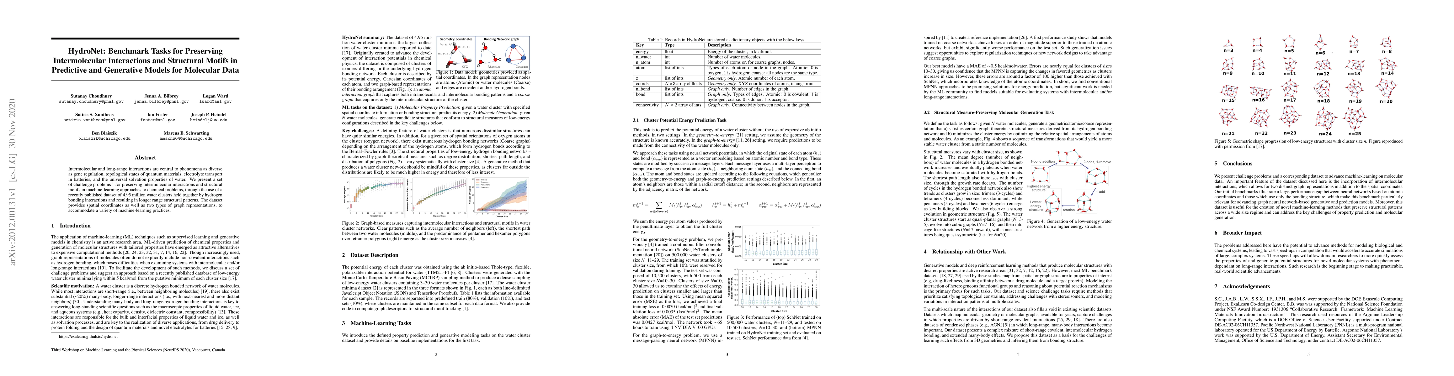 Thumbnail for HydroNet: Benchmark Tasks for Preserving Intermolecular Interactions and
  Structural Motifs in Predictive and Generative Models for Molecular Data