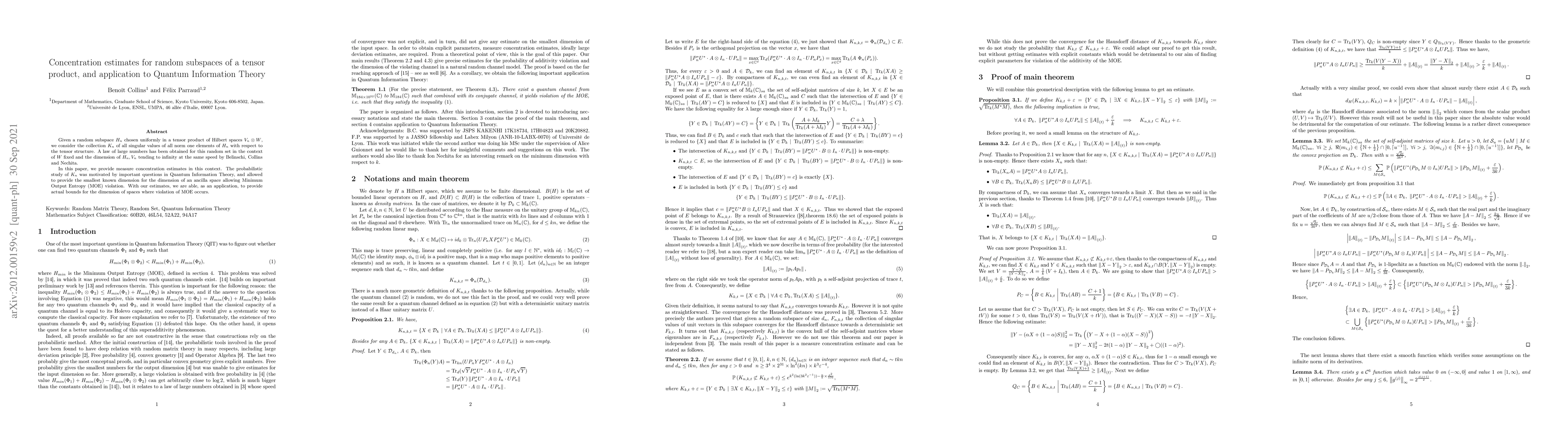 Thumbnail for Concentration estimates for random subspaces of a tensor product, and
  application to Quantum Information Theory