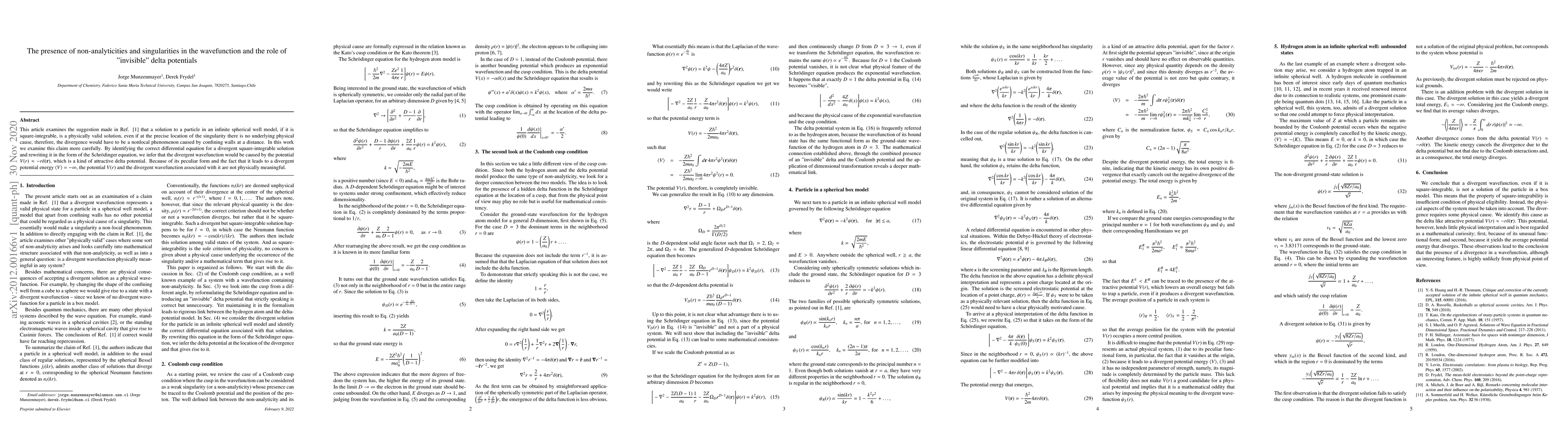 Thumbnail for The presence of non-analyticities and singularities in the wavefunction
  and the role of invisible delta potentials