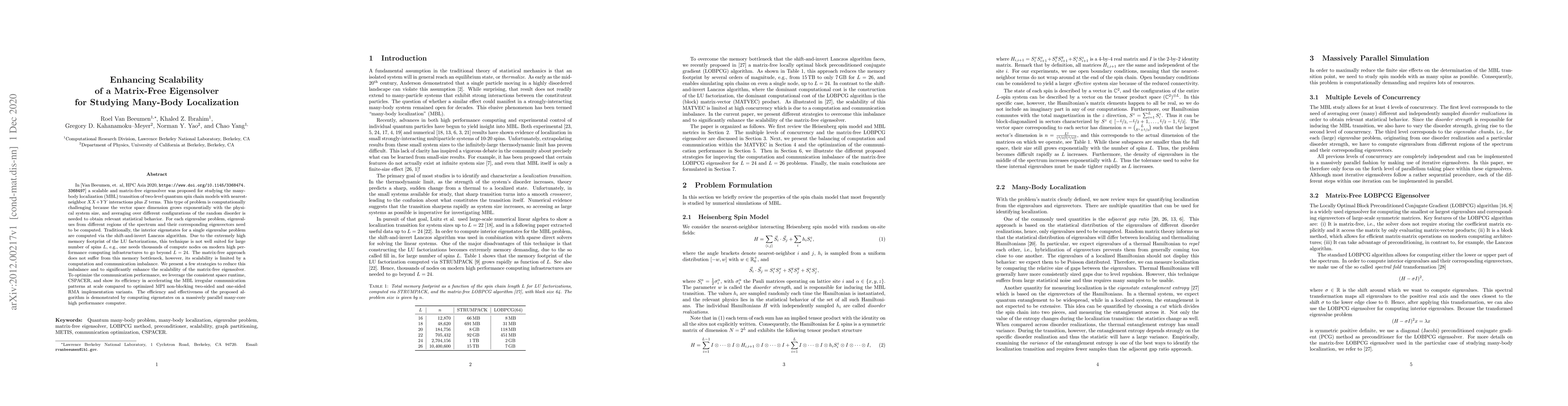 Thumbnail for Enhancing Scalability of a Matrix-Free Eigensolver for Studying
  Many-Body Localization