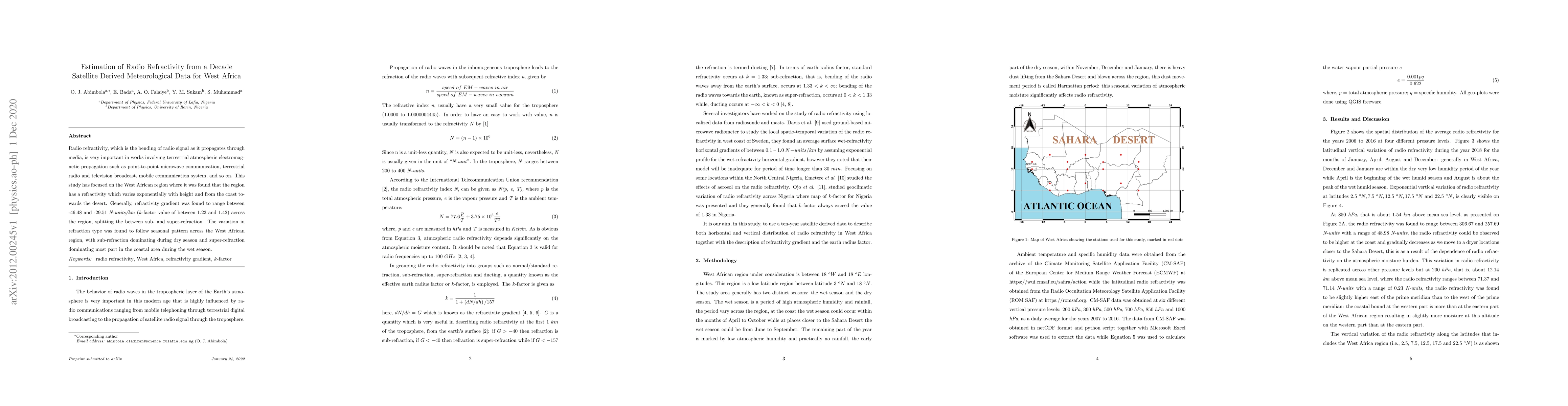 Thumbnail for Estimation of Radio Refractivity from a Decade Satellite Derived
  Meteorological Data for West Africa