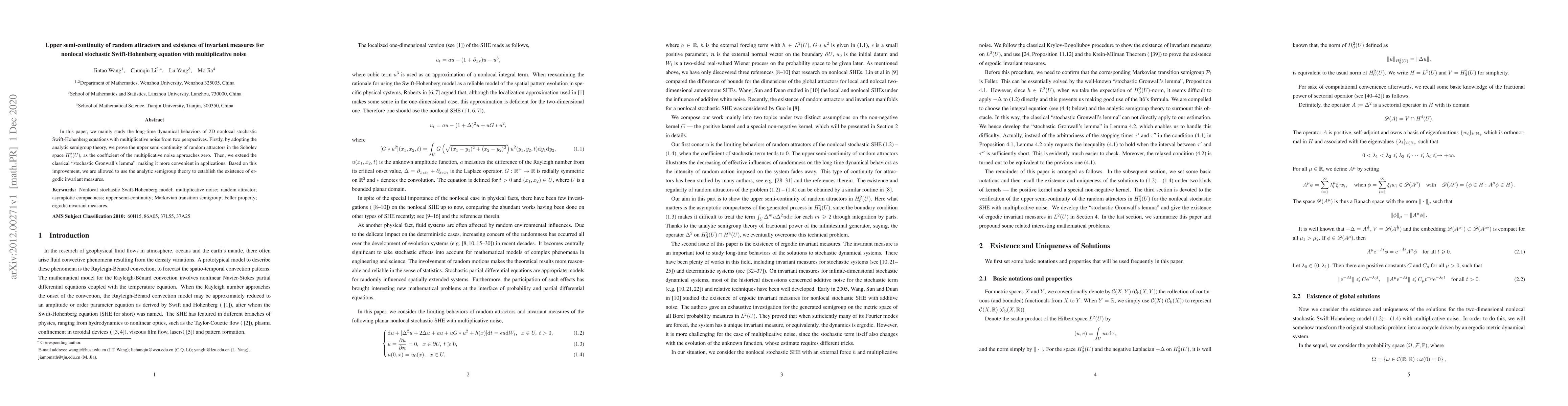 Thumbnail for Upper semi-continuity of random attractors and existence of invariant
  measures for nonlocal stochastic Swift-Hohenberg equation with multiplicative
  noise