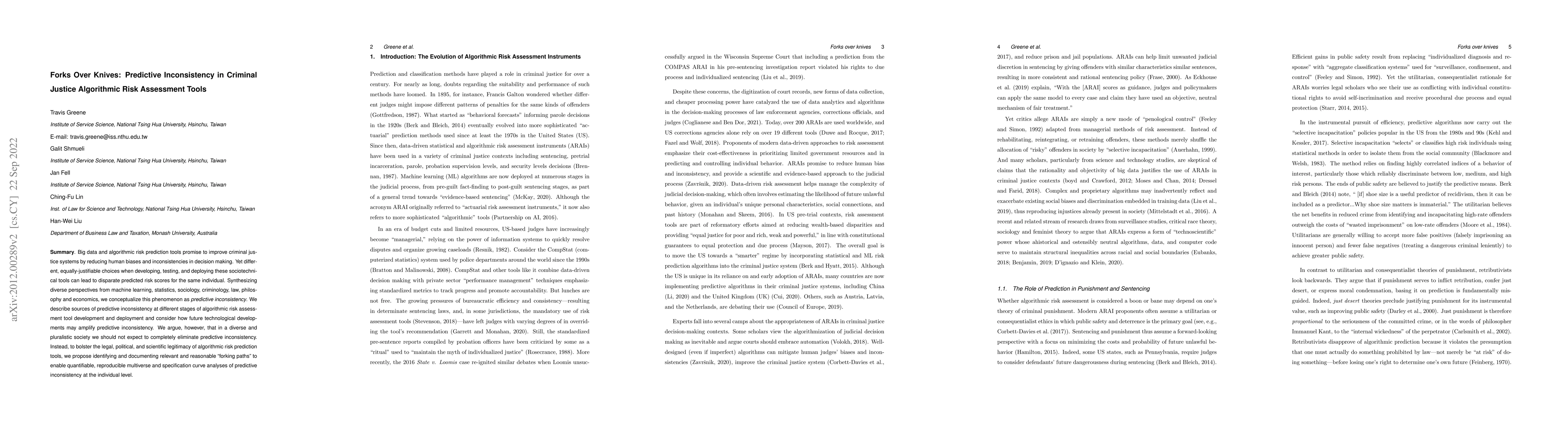 Thumbnail for Forks Over Knives: Predictive Inconsistency in Criminal Justice
  Algorithmic Risk Assessment Tools