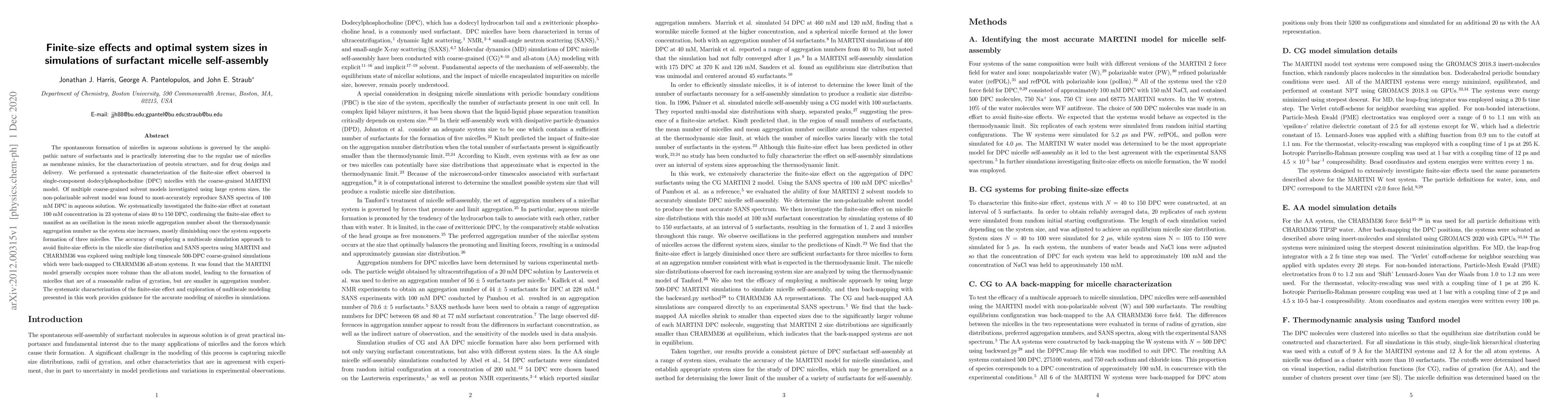 Thumbnail for Finite-size effects and optimal system sizes in simulations of
  surfactant micelle self-assembly