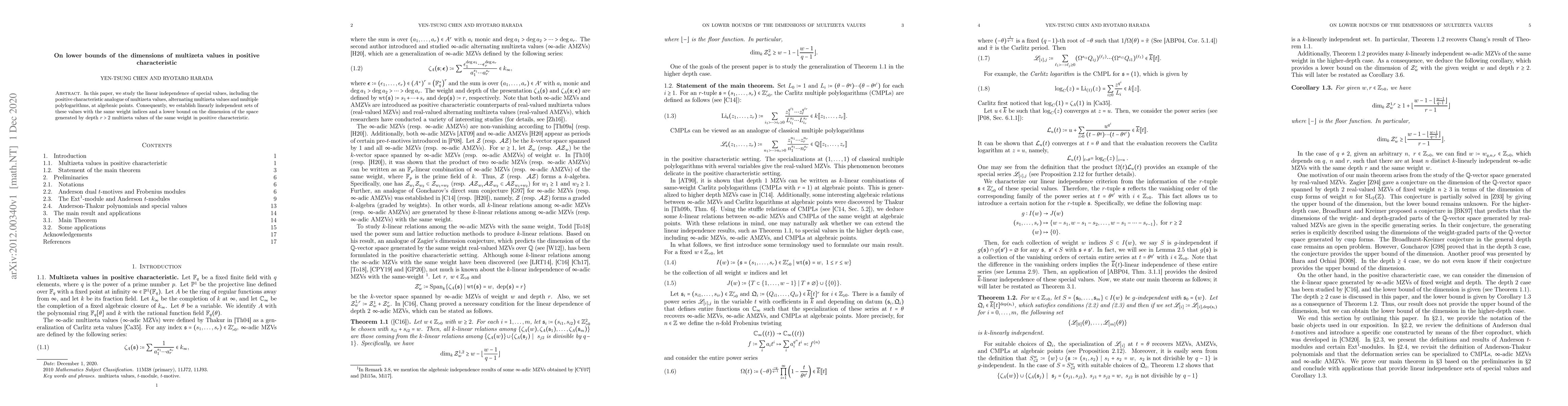 Thumbnail for On lower bounds of the dimensions of multizeta values in positive
  characteristic