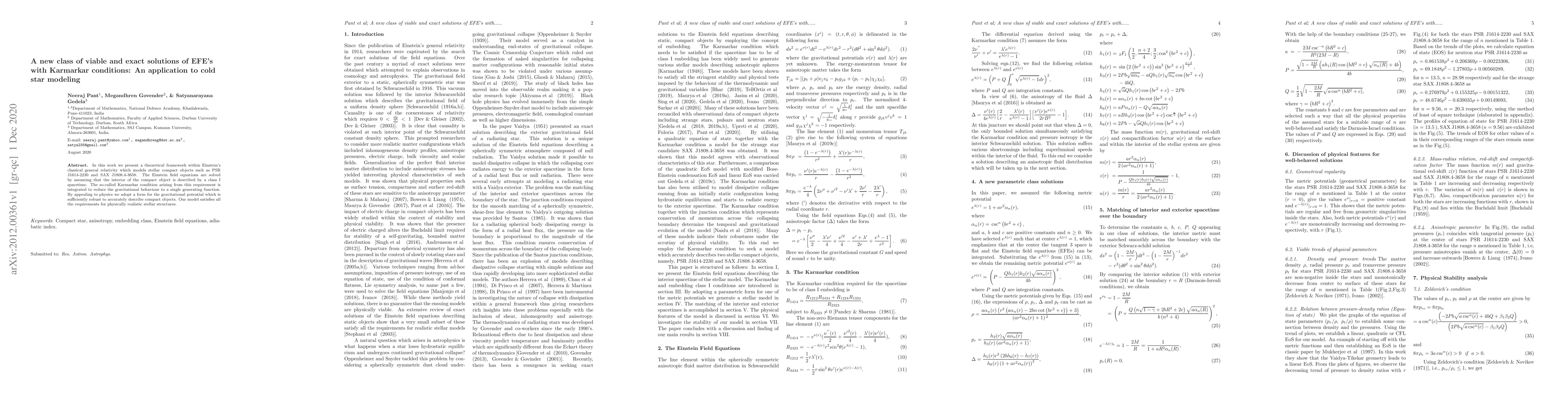 Thumbnail for A new class of viable and exact solutions of EFE's with Karmarkar
  conditions: An application to cold star modeling