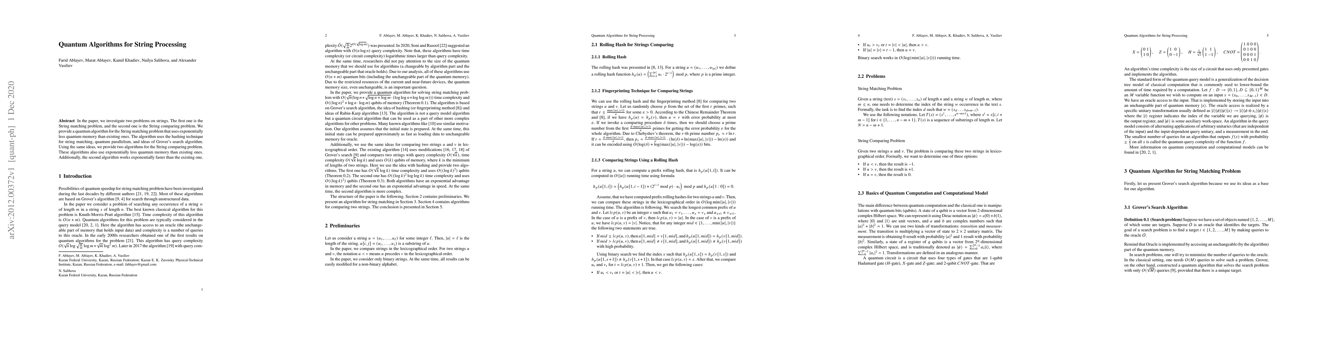 Thumbnail for Quantum Algorithms for String Processing