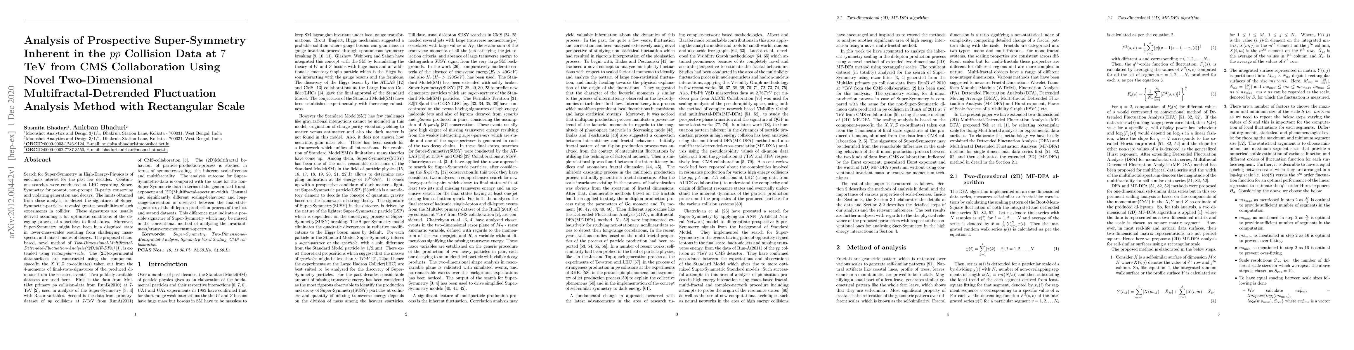 Thumbnail for Analysis of Prospective Super-Symmetry Inherent in the $pp$ Collision
  Data at $7$ TeV from CMS Collaboration Using Novel Two-Dimensional
  Multifractal-Detrended Fluctuation Analysis Method with Rectangular Scale