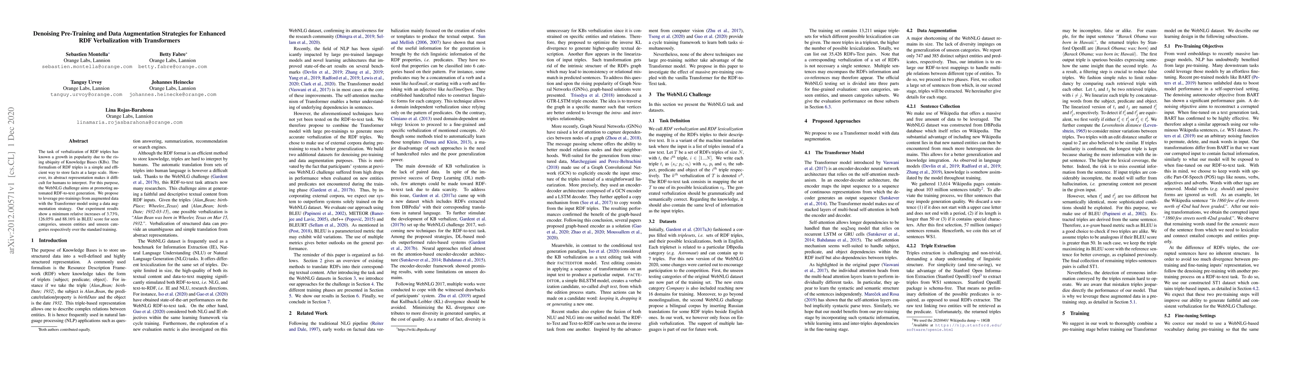 Thumbnail for Denoising Pre-Training and Data Augmentation Strategies for Enhanced RDF
  Verbalization with Transformers