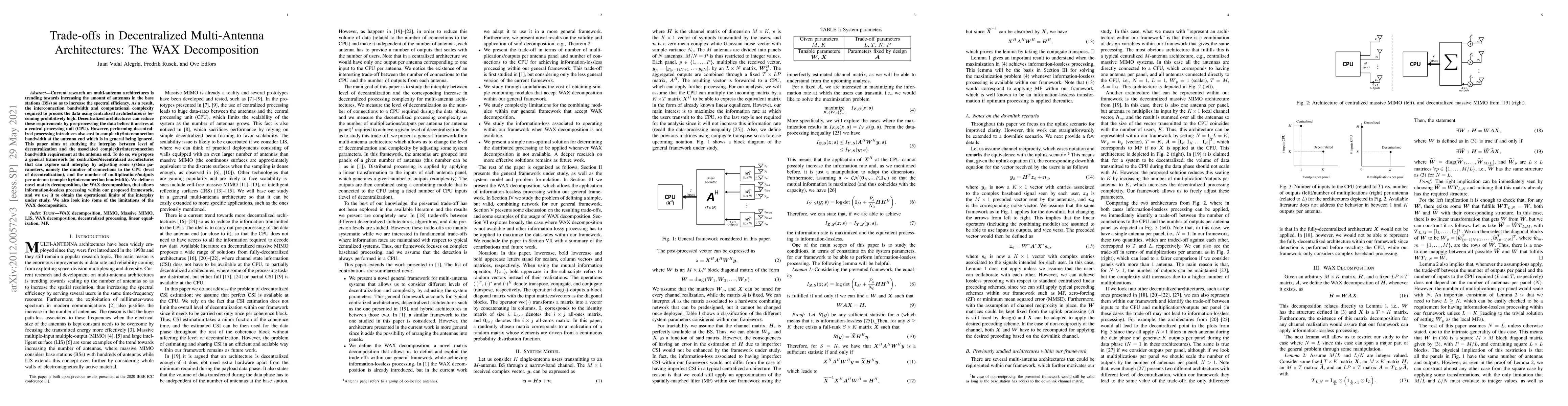 Thumbnail for Trade-offs in Decentralized Multi-Antenna Architectures: The WAX
  Decomposition