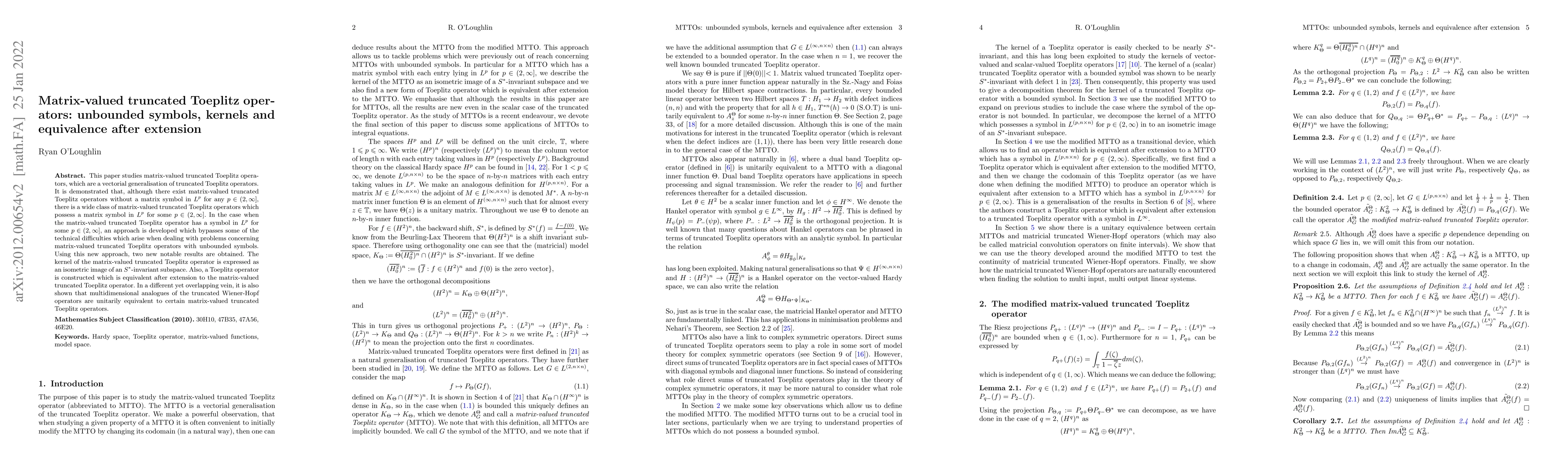Thumbnail for Matrix-valued truncated Toeplitz operators: unbounded symbols, kernels
  and equivalence after extension