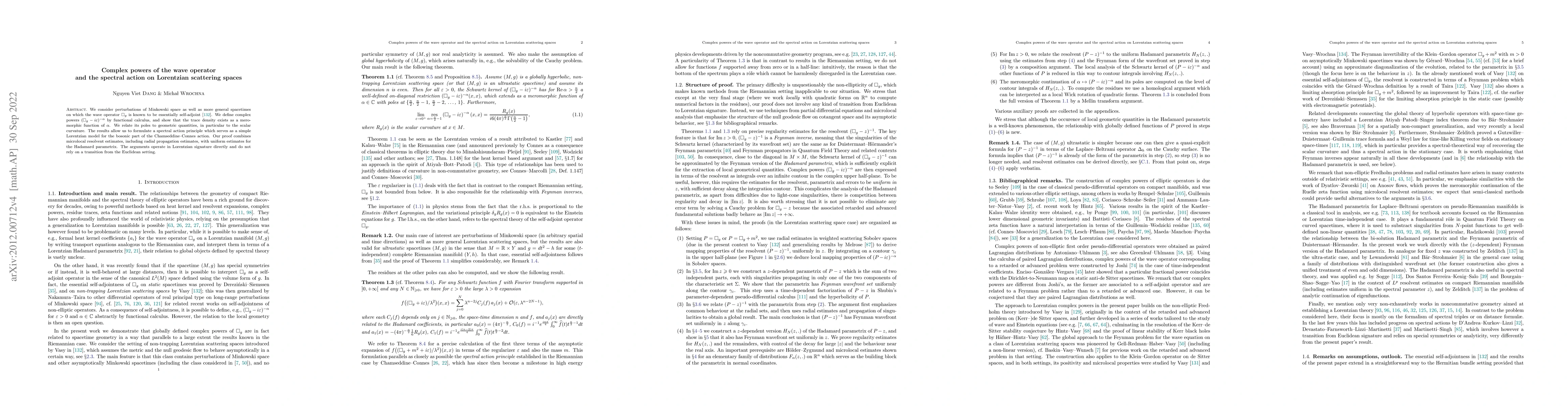 Thumbnail for Complex powers of the wave operator and the spectral action on
  Lorentzian scattering spaces