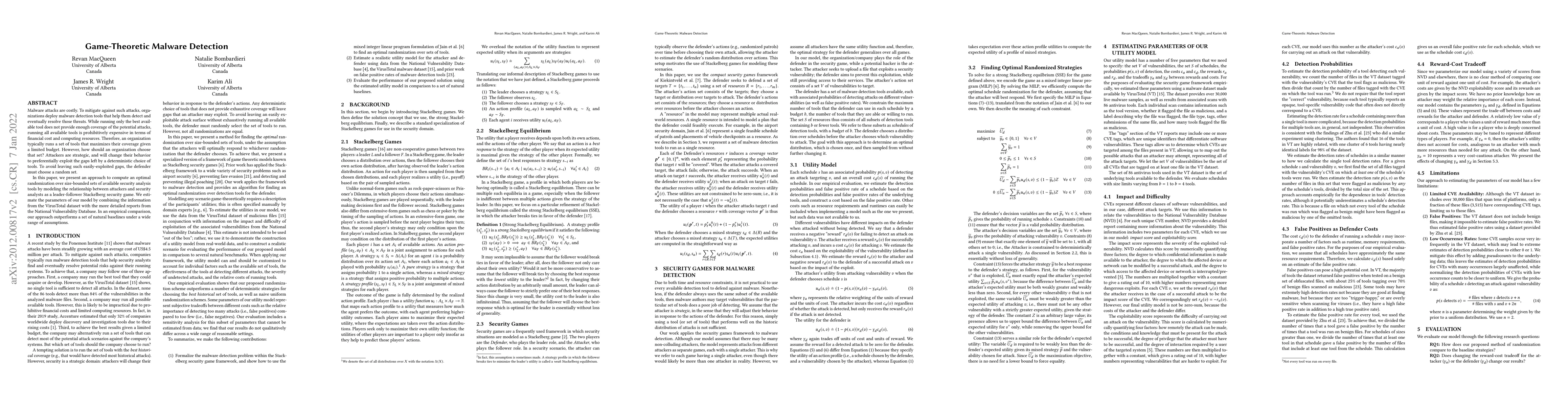 Thumbnail for Game-Theoretic Malware Detection