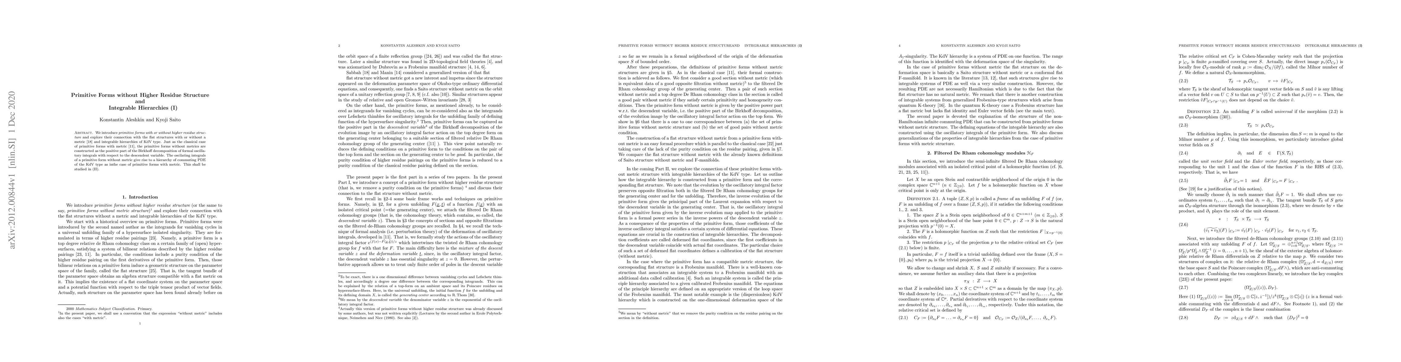 Thumbnail for Primitive Forms without Higher Residue Structure and Integrable
  Hierarchies (I)