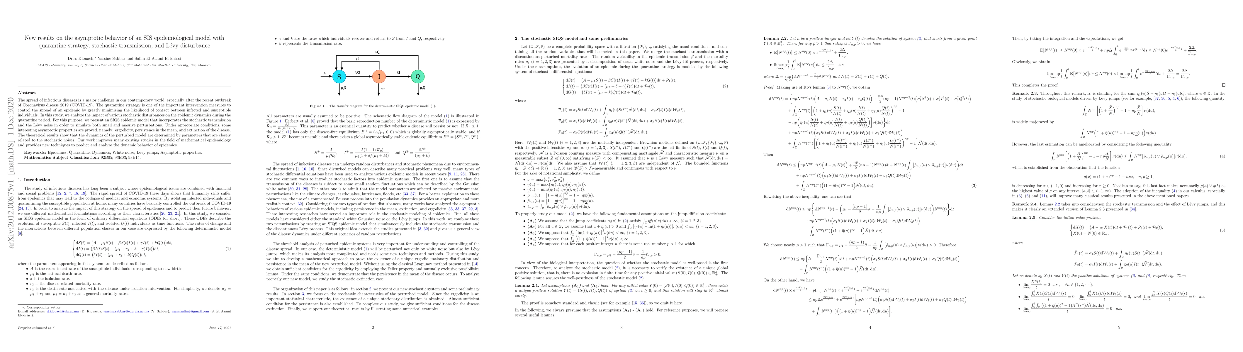 Thumbnail for New results on the asymptotic behavior of an SIS epidemiological model
  with quarantine strategy, stochastic transmission, and L\'evy disturbance