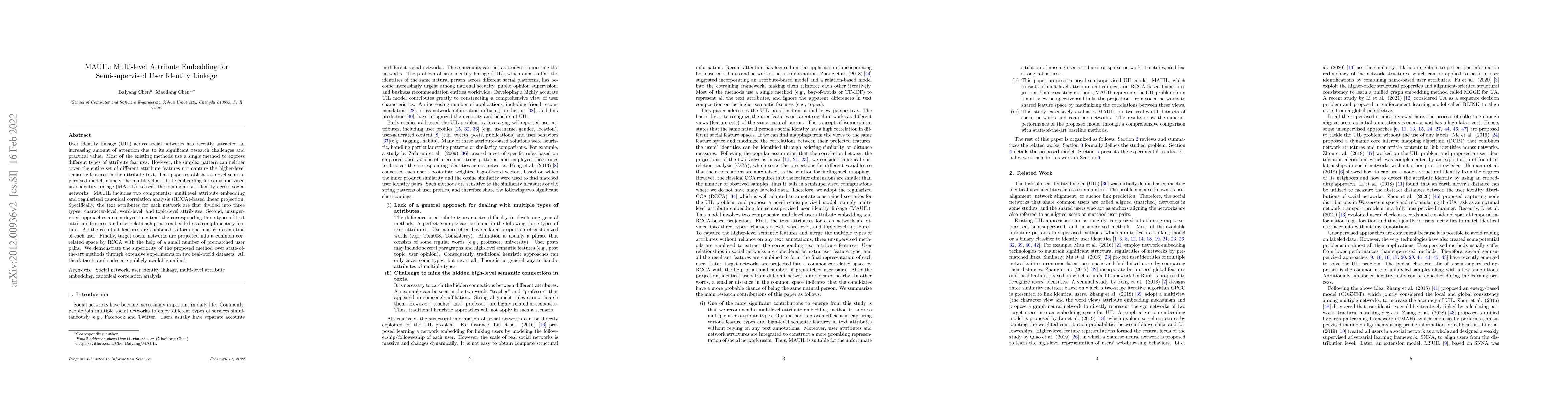 Thumbnail for MAUIL: Multi-level Attribute Embedding for Semi-supervised User Identity
  Linkage