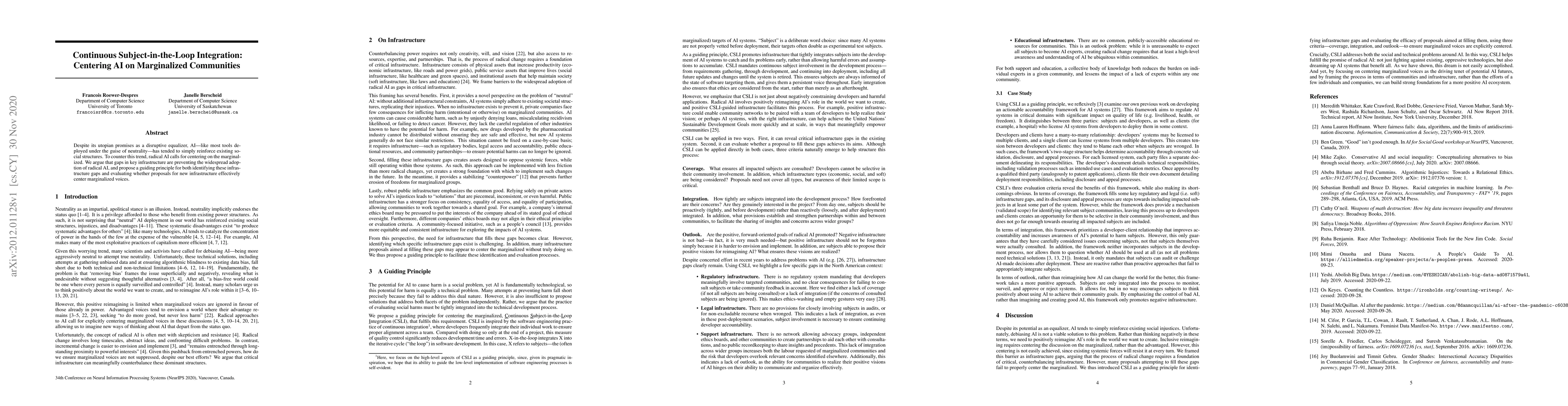 Thumbnail for Continuous Subject-in-the-Loop Integration: Centering AI on Marginalized
  Communities