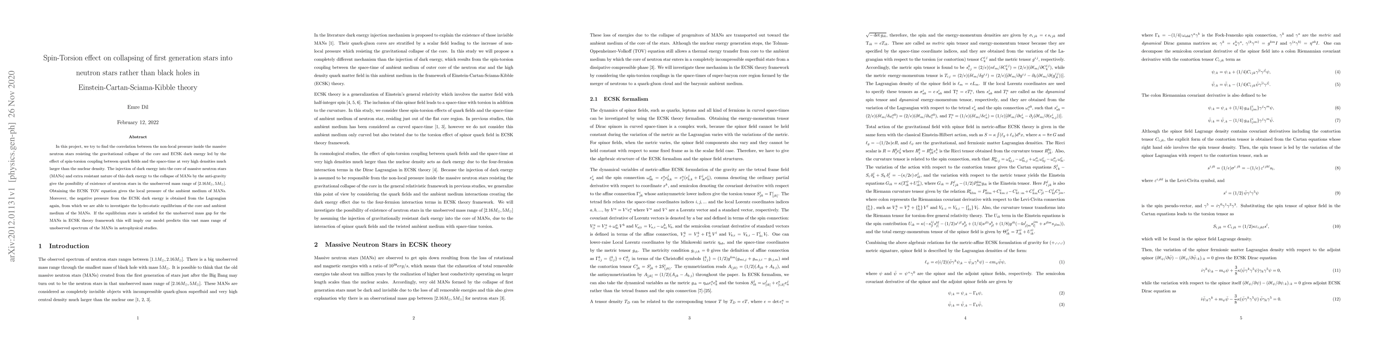 Thumbnail for Spin-Torsion effect on collapsing of first generation stars into neutron
  stars rather than black holes in Einstein-Cartan-Sciama-Kibble theory