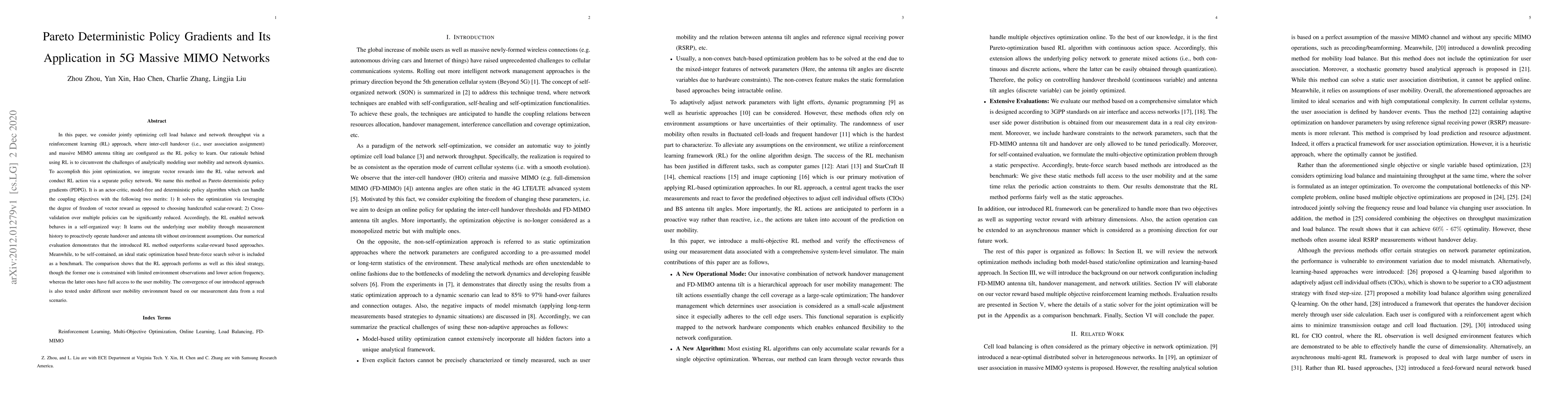 Thumbnail for Pareto Deterministic Policy Gradients and Its Application in 5G Massive
  MIMO Networks