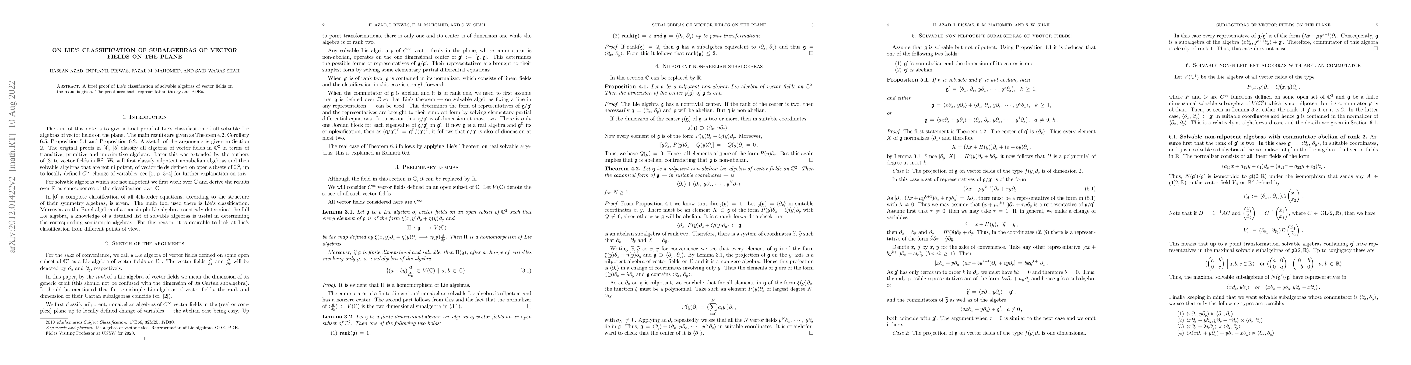 Thumbnail for On Lie's classification of subalgebras of vector fields on the plane