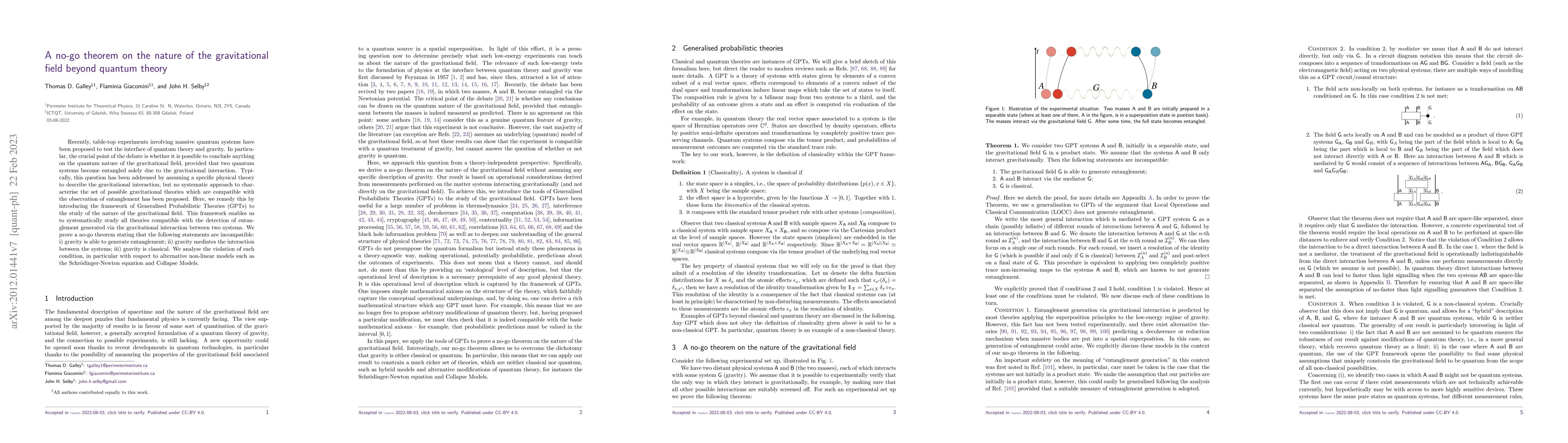 Thumbnail for A no-go theorem on the nature of the gravitational field beyond quantum
  theory