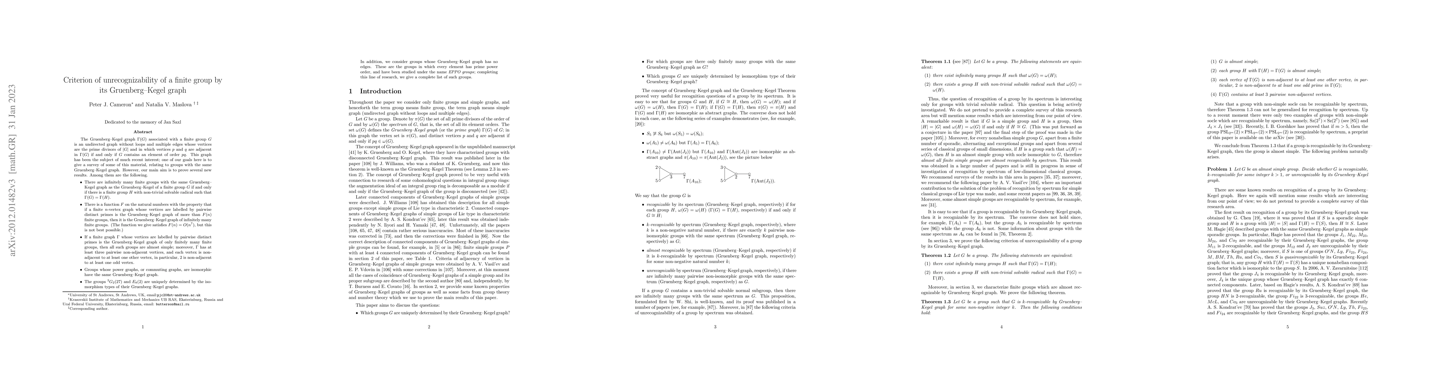 Thumbnail for Criterion of unrecognizability of a finite group by its Gruenberg-Kegel
  graph