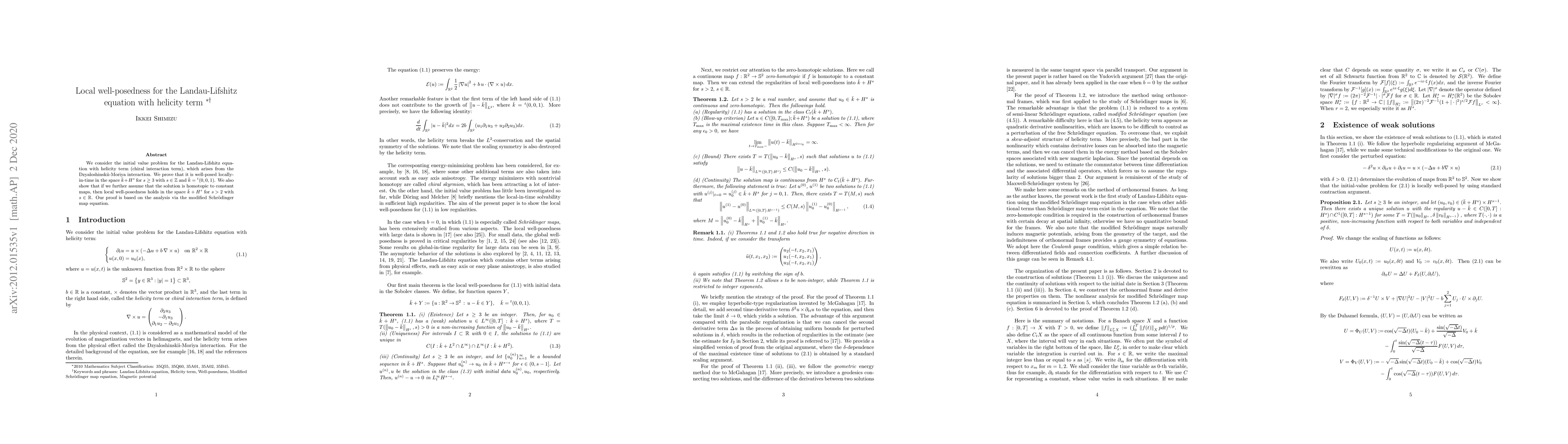 Thumbnail for Local well-posedness for the Landau-Lifshitz equation with helicity term