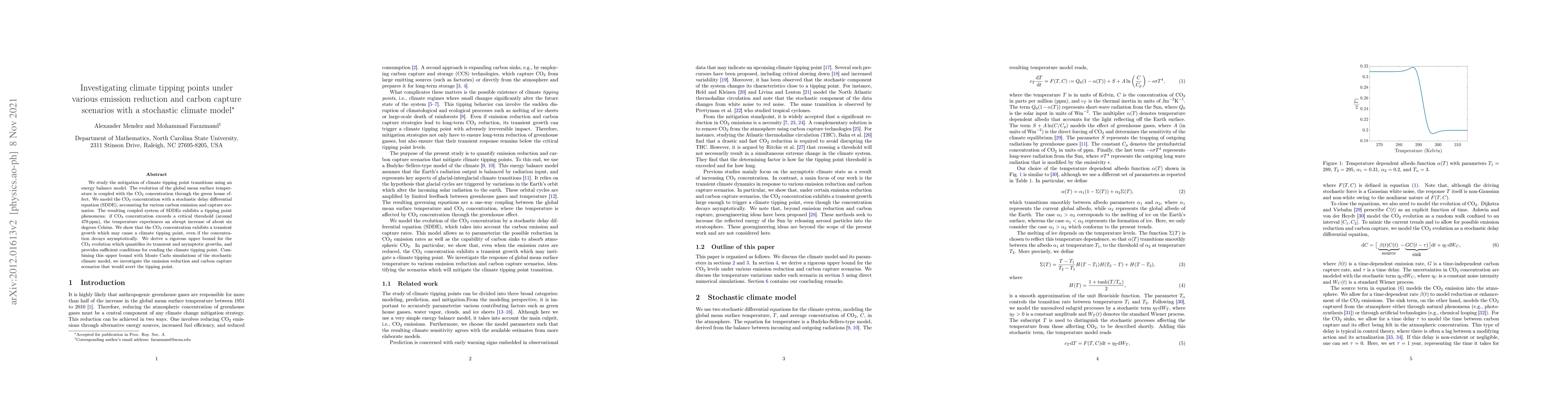Thumbnail for Investigating climate tipping points under various emission reduction
  and carbon capture scenarios with a stochastic climate model