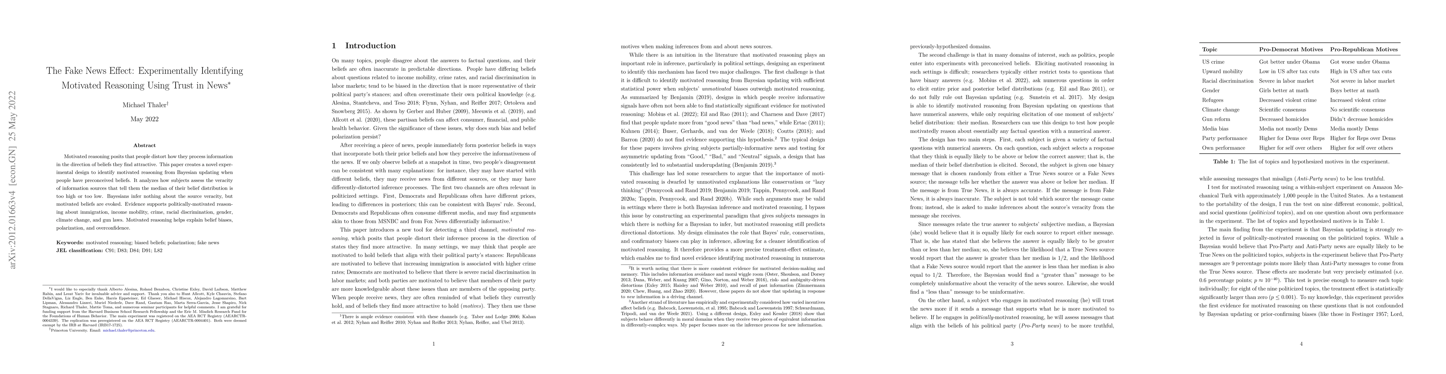 Thumbnail for The Fake News Effect: Experimentally Identifying Motivated Reasoning
  Using Trust in News