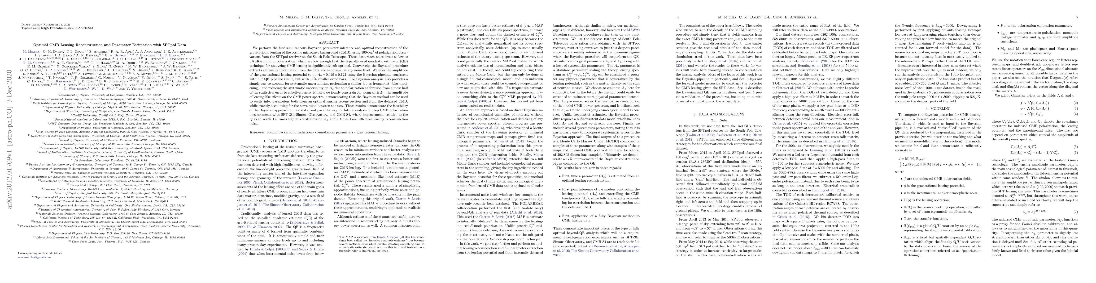 Thumbnail for Optimal CMB Lensing Reconstruction and Parameter Estimation with SPTpol
  Data