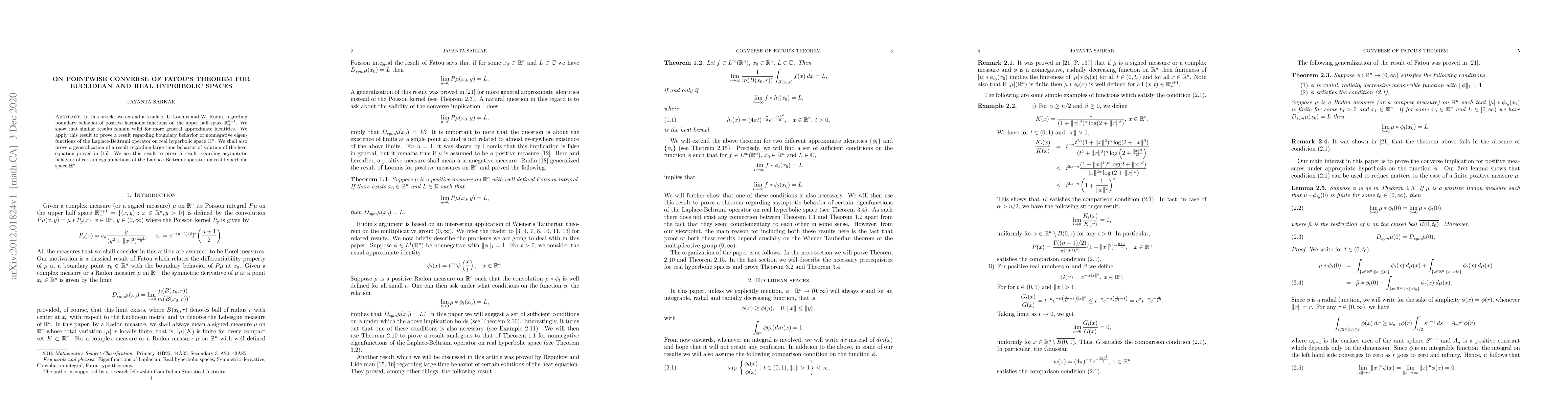 Thumbnail for On Pointwise converse of Fatou's theorem for Euclidean and Real
  hyperbolic spaces