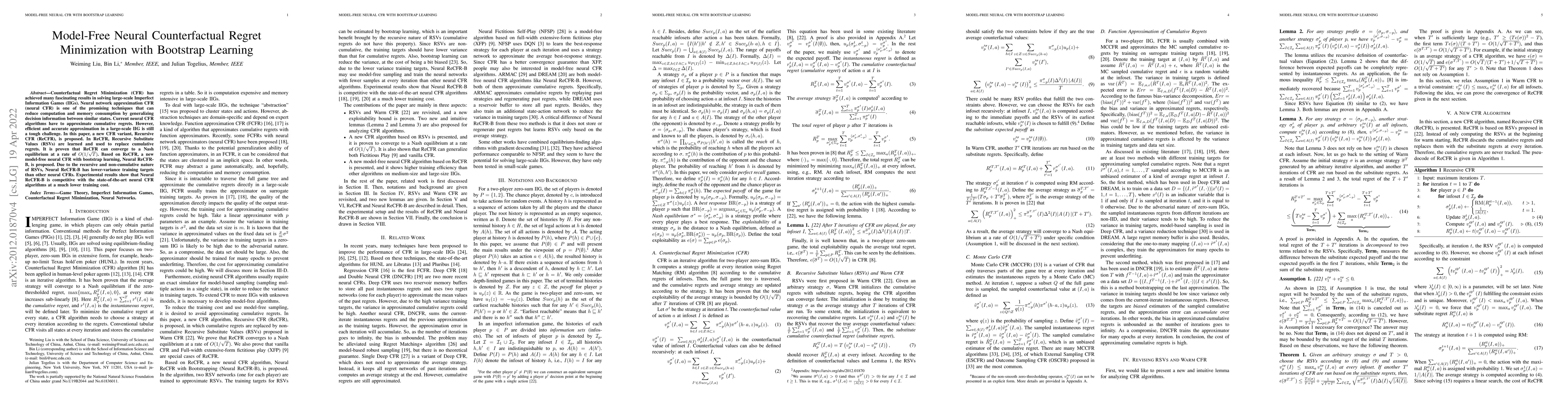 Thumbnail for Model-free Neural Counterfactual Regret Minimization with Bootstrap
  Learning