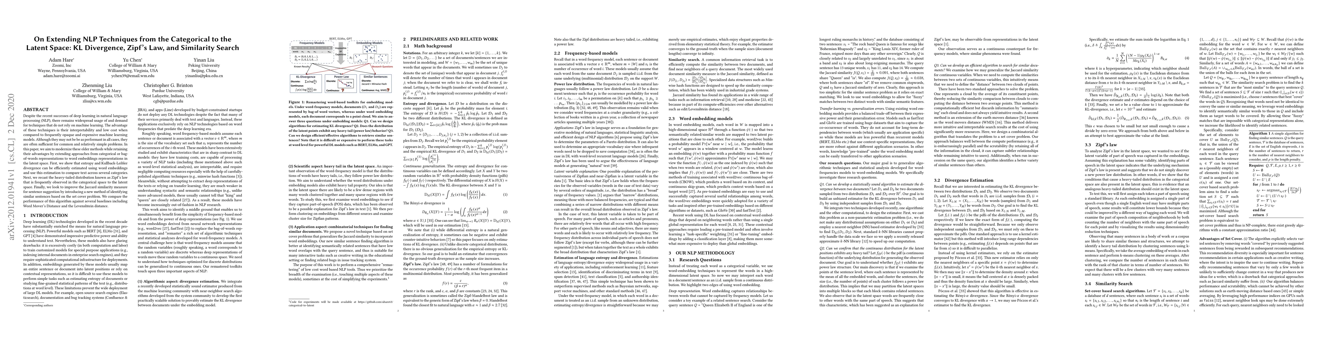 Thumbnail for On Extending NLP Techniques from the Categorical to the Latent Space: KL
  Divergence, Zipf's Law, and Similarity Search