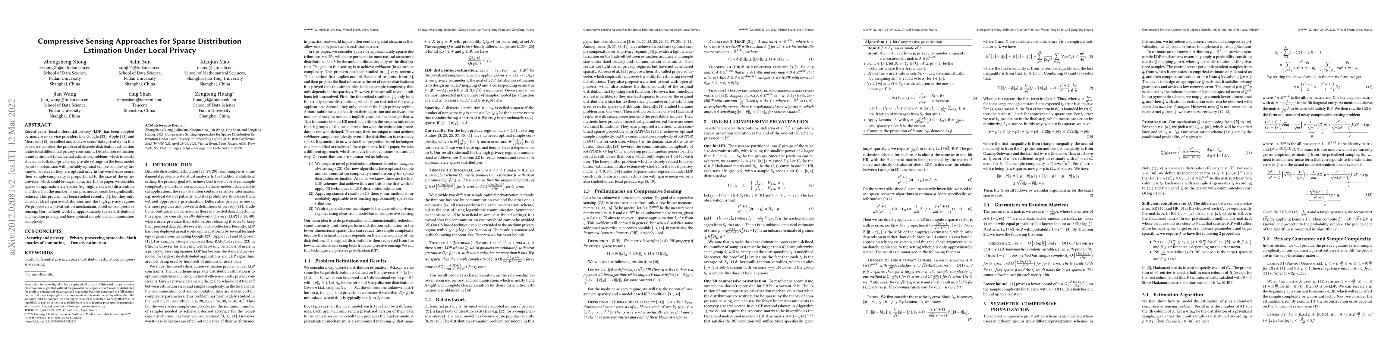 Thumbnail for Compressive Sensing Approaches for Sparse Distribution Estimation Under
  Local Privacy