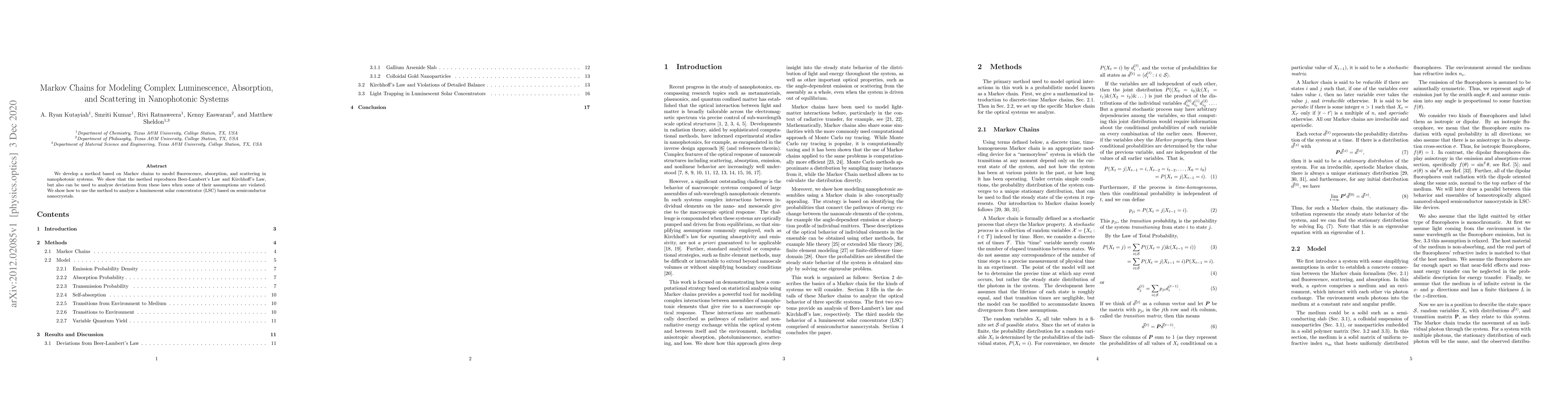 Thumbnail for Markov Chains for Modeling Complex Luminescence, Absorption, and
  Scattering in Nanophotonic Systems