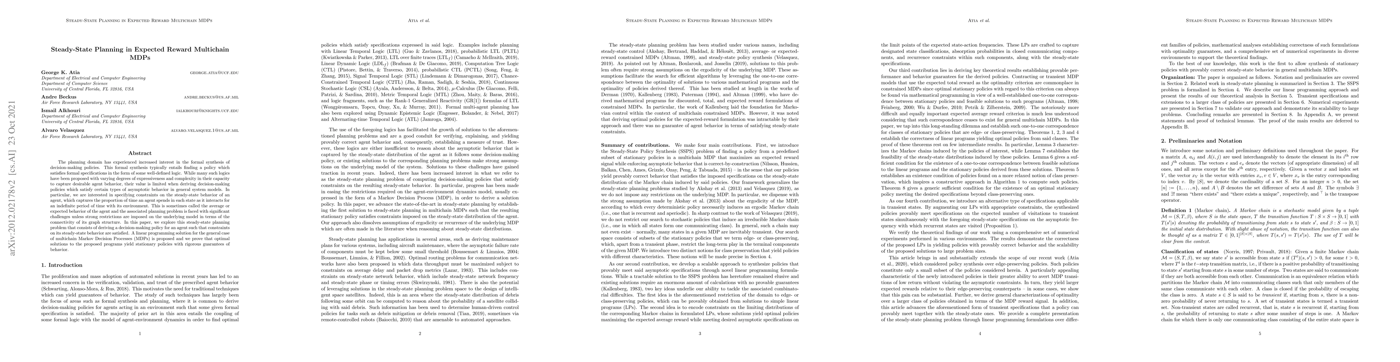Thumbnail for Steady-State Planning in Expected Reward Multichain MDPs