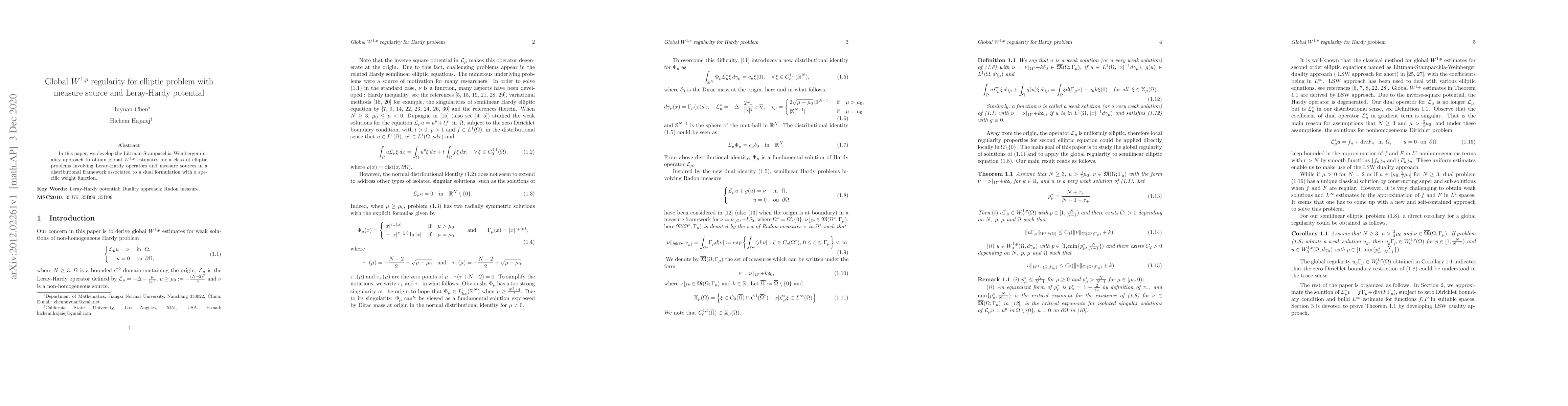 Thumbnail for Global W^1,p regularity for an elliptic problem with measure source and
  Leray-Hardy potential,